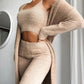 3pcs Women's Fluffy Plain Crop Top & Skinny Pants & Longline Coat Set Warm Cozy Suit